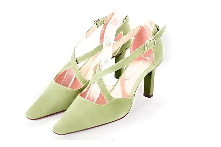 Meadow green open side elegant shoes, with crossed straps. Tapered toe. High slim heel.